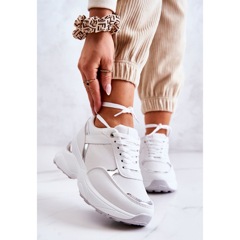 PG1 Zapatos Deportivos Brillantes De Mujer Con Cuña, Blanco Actividad plata 1