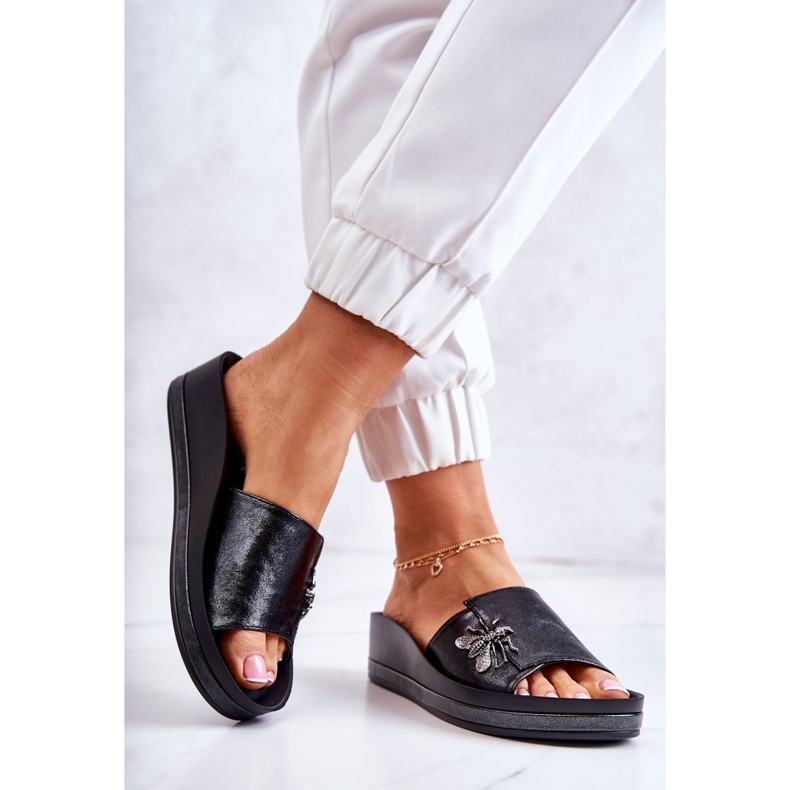 Vinceza Pantuflas de mujer de moda con decoración Holle negra negro 2