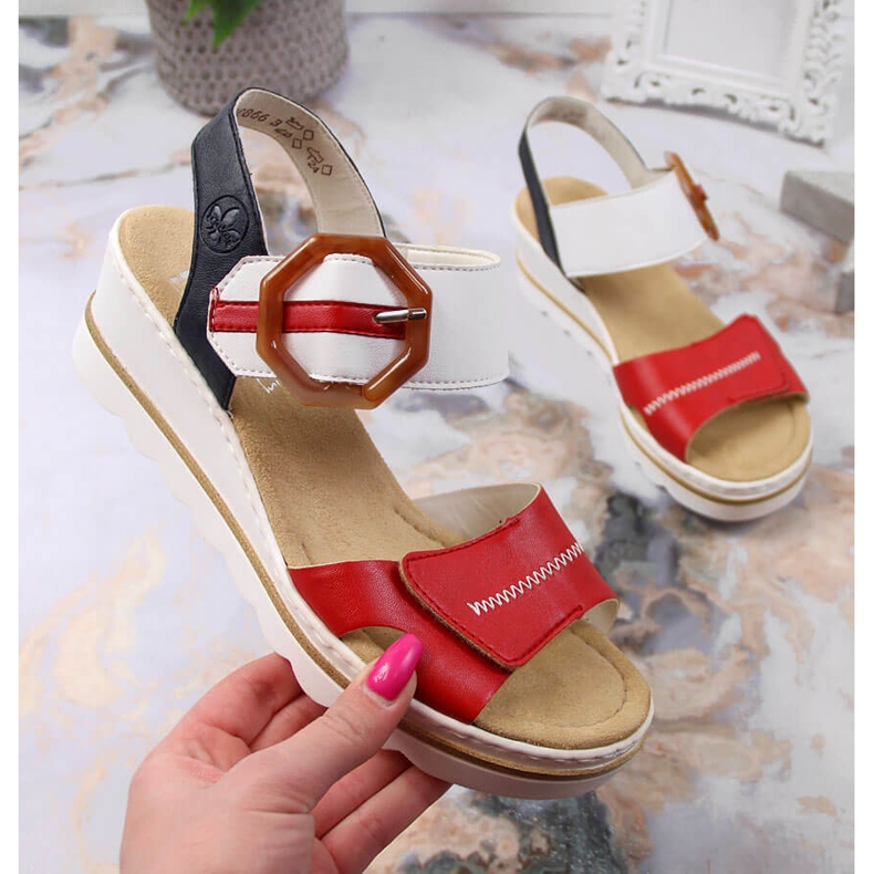 Sandalias mujer cuña Rieker 67476-33 blanco negro rojo multicolor 1