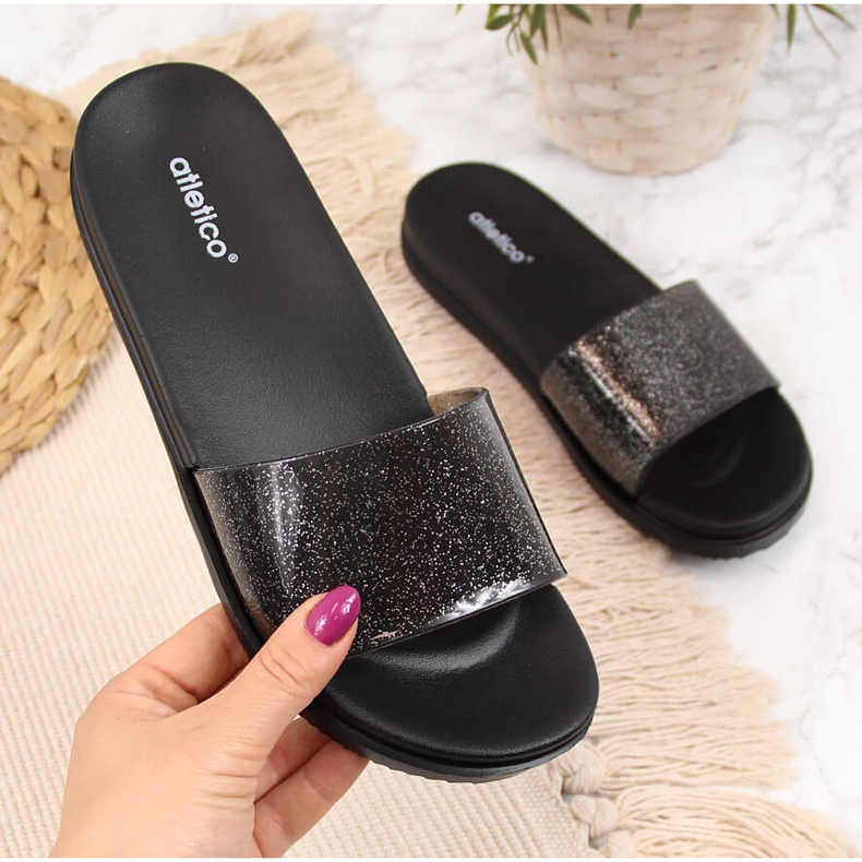 Chanclas de piscina de mujer Atletico negras con purpurina negro 2