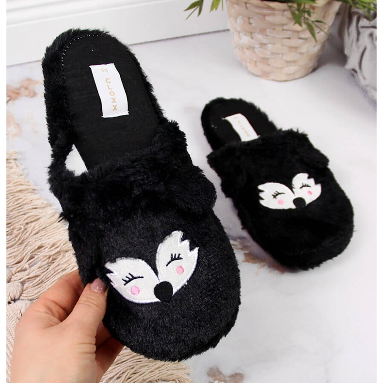 Pantuflas de mujer de pelo negro Cloxx con orejas 2 Pantuflas de mujer de pelo negro Cloxx con orejas 2