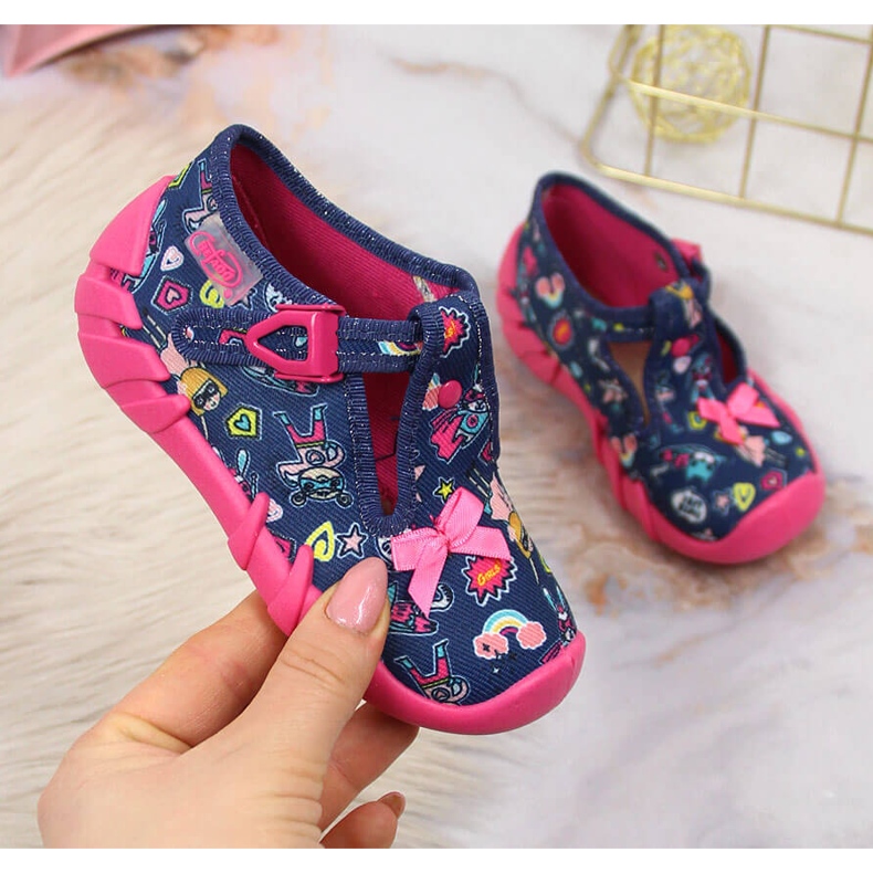 Pantuflas de niña para guardería, azul marino Befado rosado 1