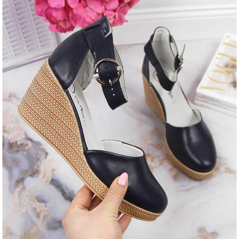 Sandalias mujer de piel con cuña azul marino Filippo 1