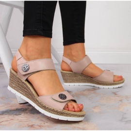 Sandalias de cuero con tacón de cuña Rieker 619B9-31 beige 5