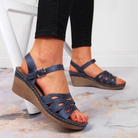 Cómodas sandalias de mujer con tacón de cuña Jezzi azul marino 5