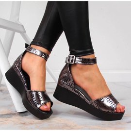 Sandalias mujer de piel con cuña Artiker metalizada plata gris 4