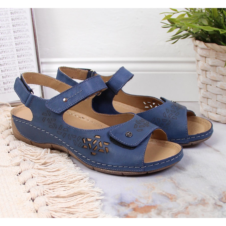 Sandalias mujer piel Helios 266 azul marino con velcro 2