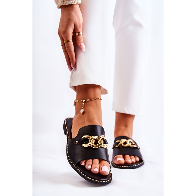S.Barski Zapatillas Finess Negras De Moda Con Una Cadena En Un Tacón Plano negro 1 S.Barski Zapatillas Finess Negras De Moda Con Una Cadena En Un Tacón Plano negro 1