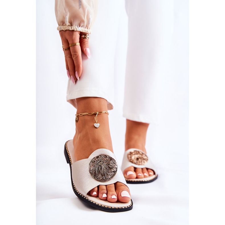 S.Barski Pantuflas De Mujer De Piel Con Adorno Colene Dorado 1