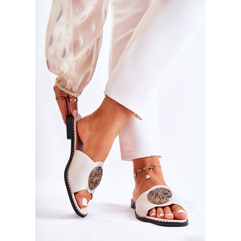 S.Barski Pantuflas De Mujer De Piel Con Adorno Colene Dorado 2