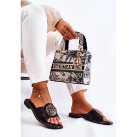 S.Barski Pantuflas De Mujer De Piel Con Adorno Colene Negro 6
