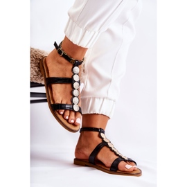 FJ1 Sandalias De Mujer Con Cinturón Decorativo Negro Seila dorado 5