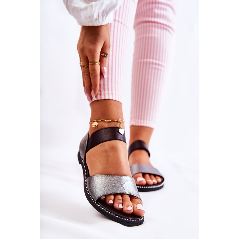 S.Barski Sandalias Clásicas Con Tachuelas Shelly Plateado Oscuro negro plata 1