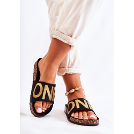 PE1 Pantuflas clásicas sin cordones con inscripción Bahari en negro y dorado 2