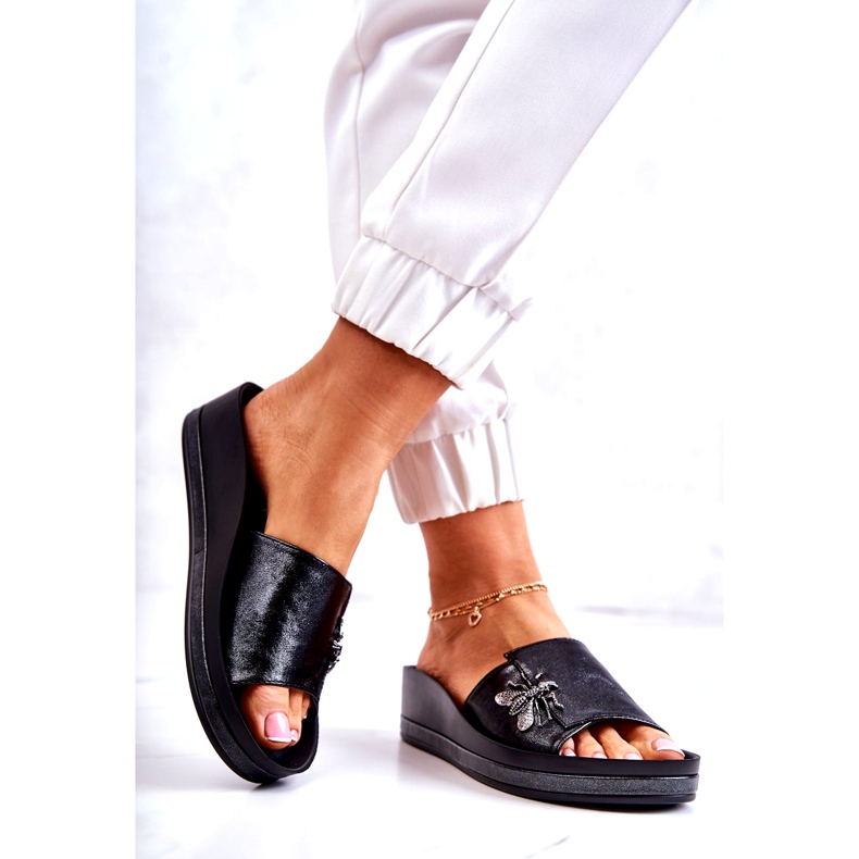 Vinceza Pantuflas de mujer de moda con decoración Holle negra negro 2