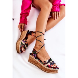 FS3 Alpargatas Sandalias Atadas De Mujer Con Flores Negras Lamour negro multicolor 5