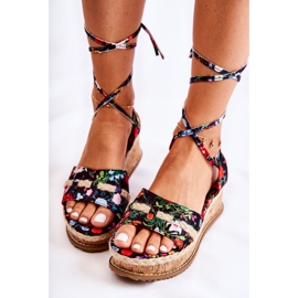 FS3 Alpargatas Sandalias Atadas De Mujer Con Flores Negras Lamour negro multicolor 6