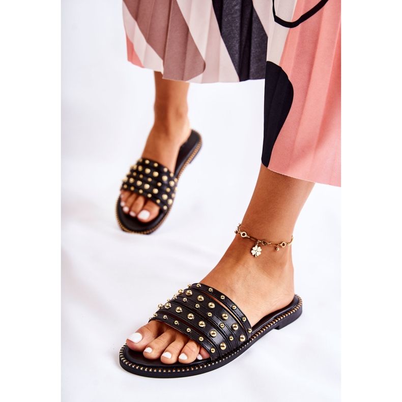 S.Barski Pantuflas De Mujer De Piel Con Adorno Brien Negro 1