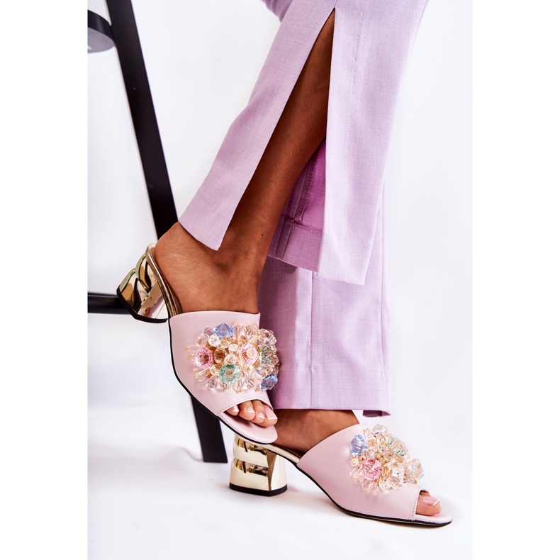 PA2 Pantuflas De Mujer De Piel Con Tacón Alto Y Adorno Calinda Rosa 2