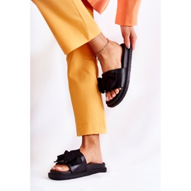 PJ1 Clásicas Pantuflas De Mujer De Piel Con Lazo Negro Dessy 2