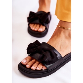 PJ1 Clásicas Pantuflas De Mujer De Piel Con Lazo Negro Dessy 4