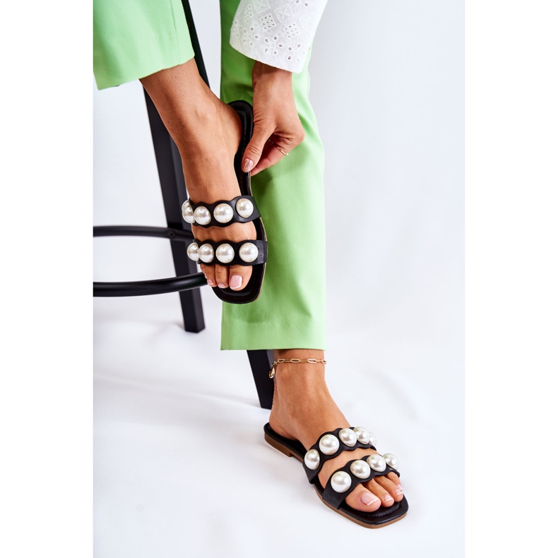 PG1 Slippers Mujer Piel Con Perlas Decorativas Negro Lasello 2