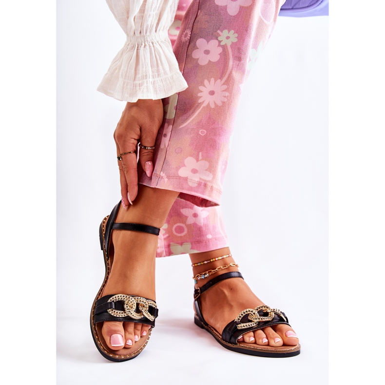 S.Barski Sandalias De Mujer En Tacones Planos Con Una Cadena Negro Minevra 2