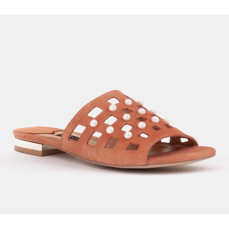 Marco Shoes Pantuflas de mujer elegantes con perlas y perforaciones naranja 1