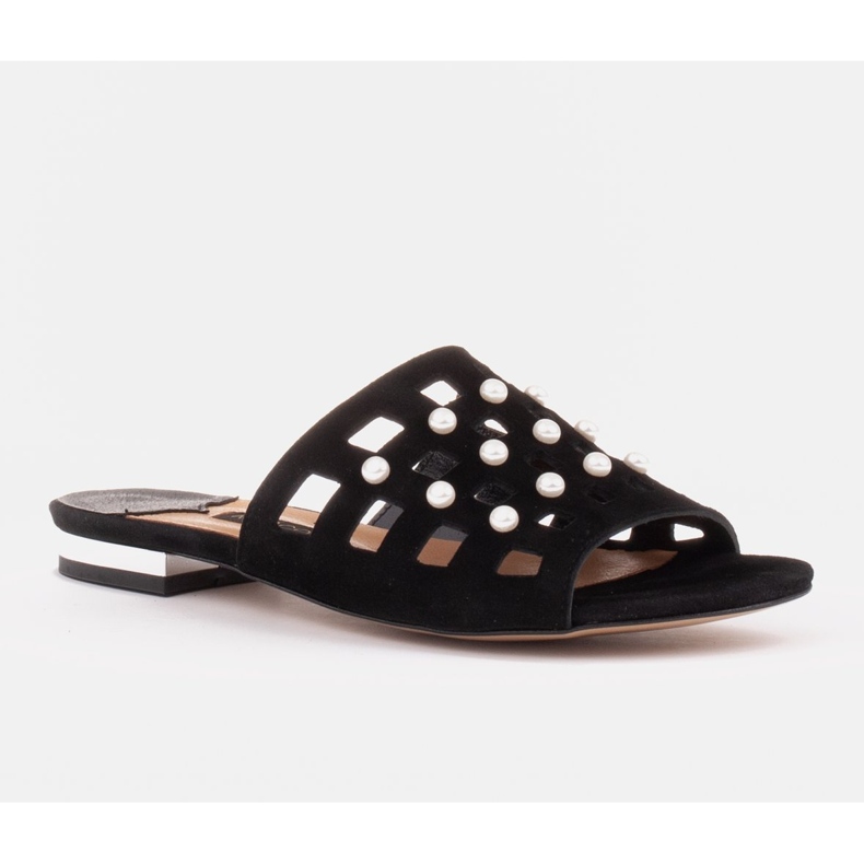 Marco Shoes Pantuflas de mujer elegantes con perlas y perforaciones negro 1