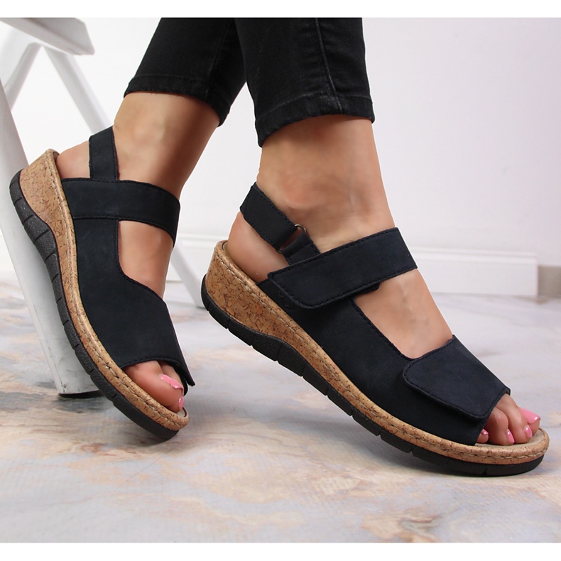 Sandalias de mujer de piel con cuña Rieker V7170-14 azul marino 1