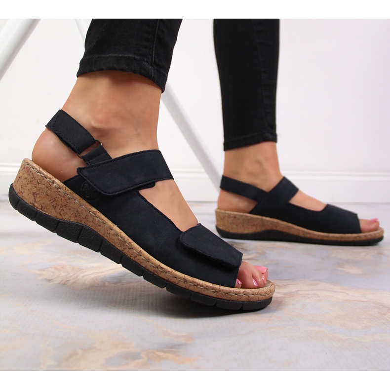 Sandalias de mujer de piel con cuña Rieker V7170-14 azul marino 2