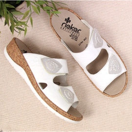 White Rieker V7151-80 zapatillas de estar por casa de piel para mujer con cuñas de velcro blanco 7