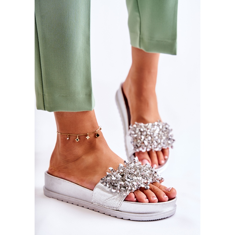 PG1 Pantuflas De Mujer En La Plataforma Con Adornos De Almina Plateada 1