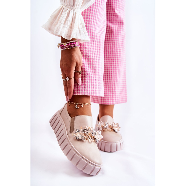 PA2 Zapatillas Slip-On De Mujer De Piel Con Adorno Mirana Beige 1