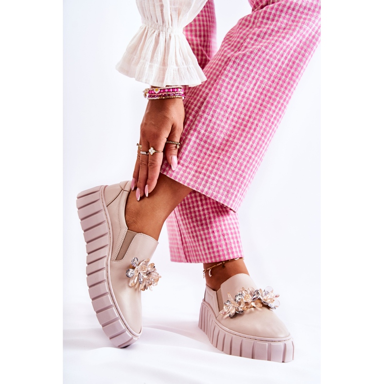 PA2 Zapatillas Slip-On De Mujer De Piel Con Adorno Mirana Beige 2