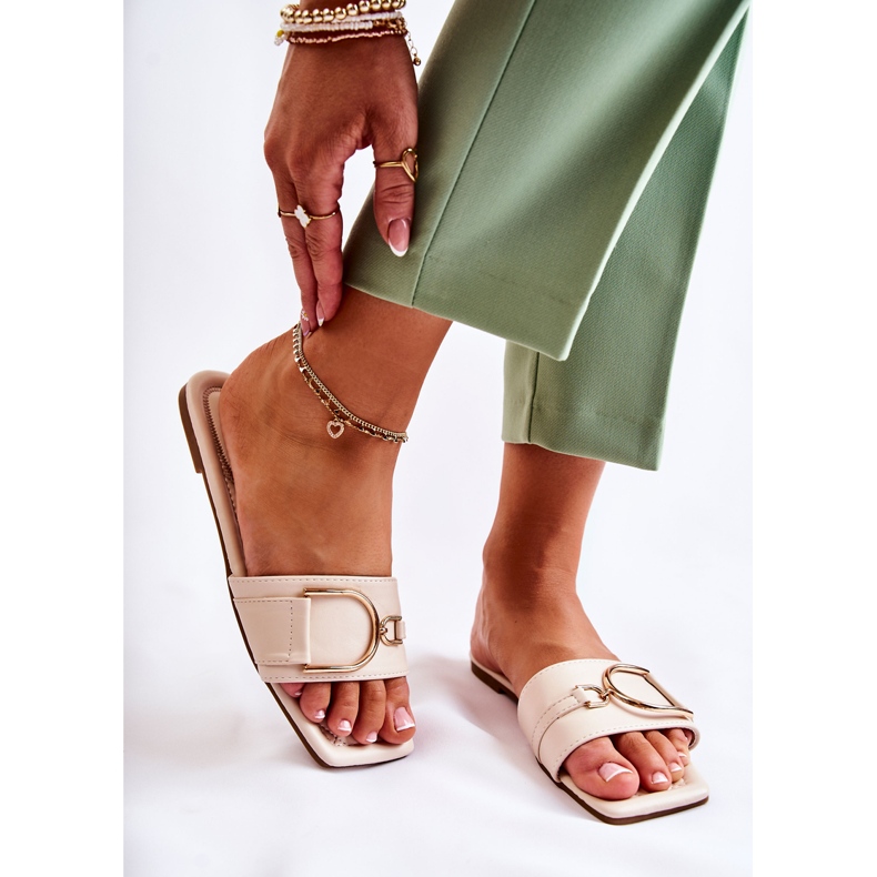 PG2 Pantuflas De Mujer Clásicas De Piel Con Adorno Shilla Beige dorado 2