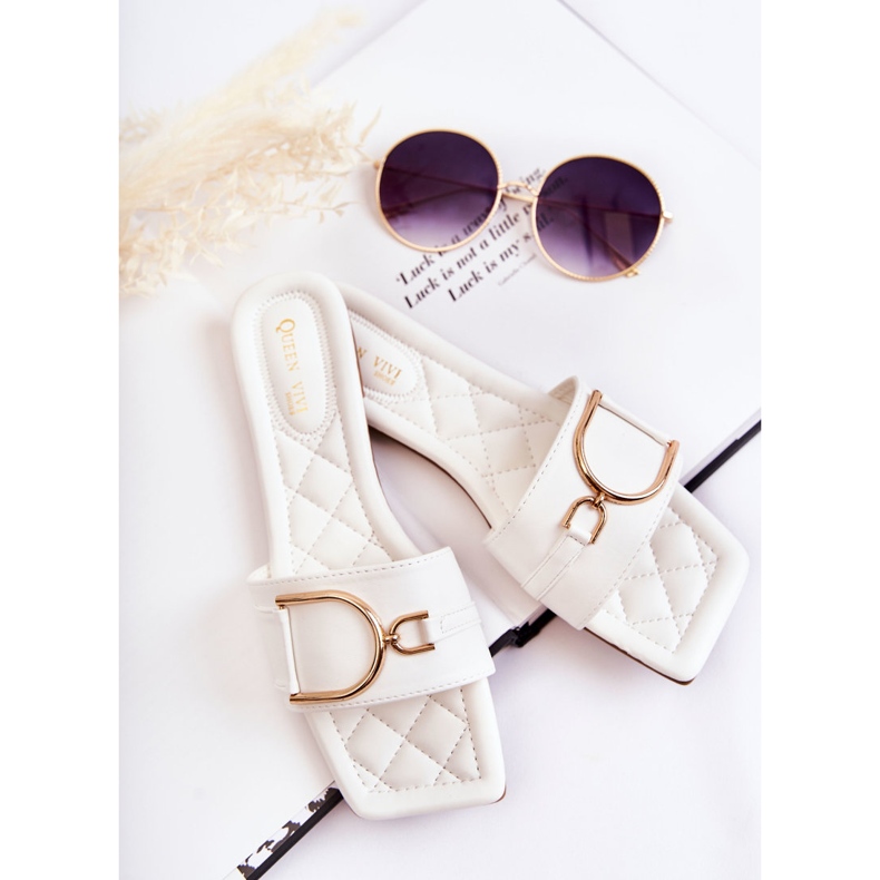 PG2 Pantuflas Clásicas De Mujer En Piel Con Adorno Shilla Blanco dorado 1