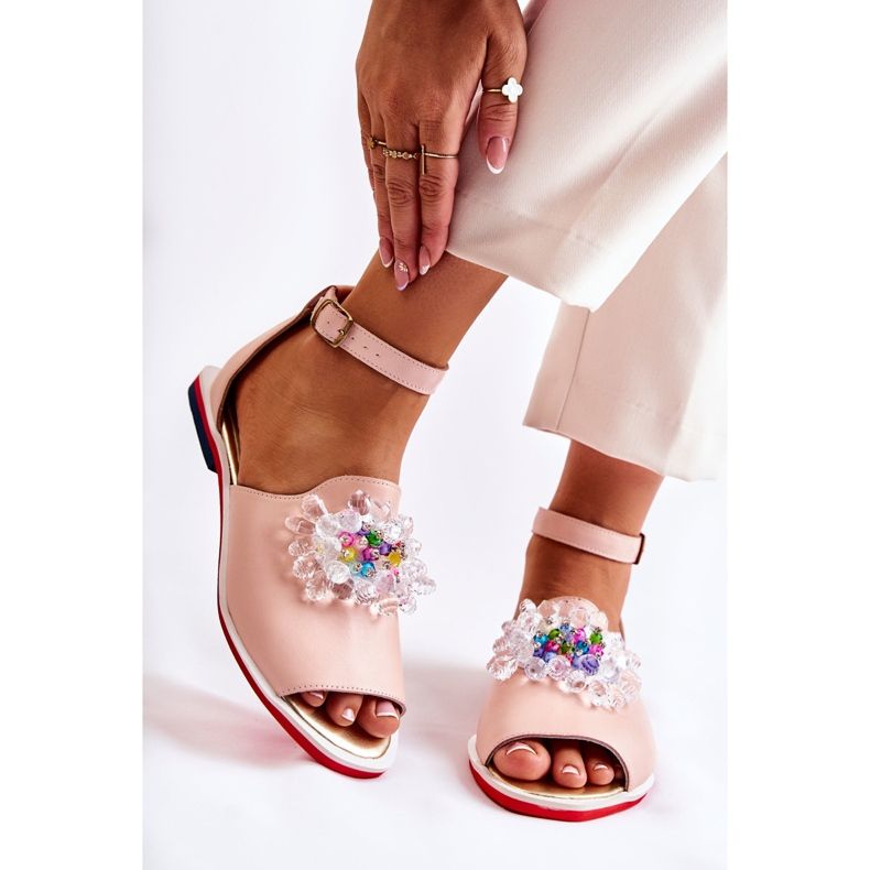 Sandalias De Mujer De Piel Con Adorno Nevassa Rosa Brillante 1