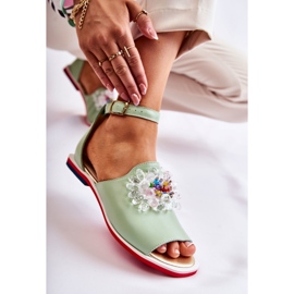 Sandalias De Mujer De Piel Con Adorno Verde Nevassa 5