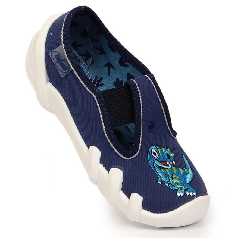 Zapatillas casa niño con goma elástica con dinosaurio en befado azul marino 1