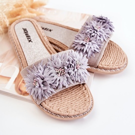 WJ1 Pantuflas De Mujer Con Flores De Tela Gris Susana 2 WJ1 Pantuflas De Mujer Con Flores De Tela Gris Susana 2