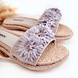 WJ1 Pantuflas De Mujer Con Flores De Tela Gris Susana 3