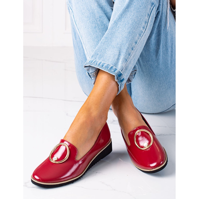 SHELOVET Mocasines mujer charol rojo 2
