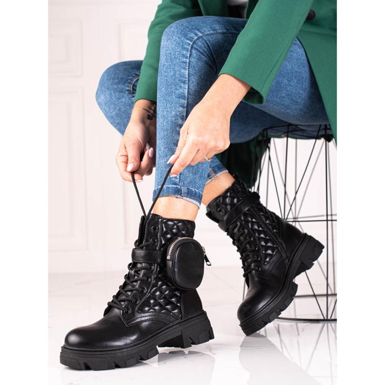 Bolsos de mujer acolchados Shelovet negros con bolsillo de velcro 2