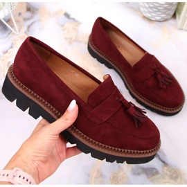 Mocasines de mujer en ante con flecos Vinceza burdeos rojo 2