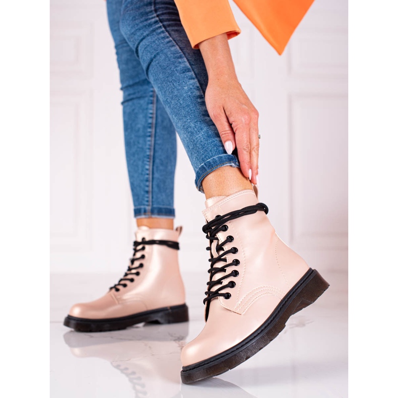 Botines de mujer Shelovet beige con cordones y brillo metalizado 2