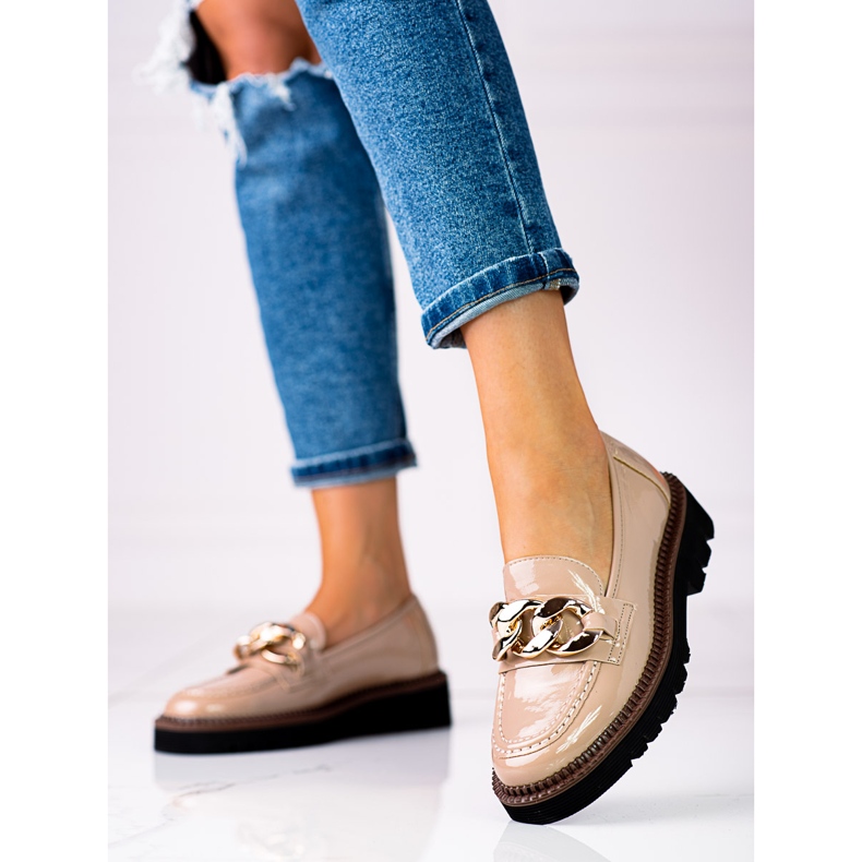 Mocasines de mujer en la plataforma Vinceza fabricados en charol, beige. marrón 1