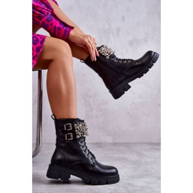 PG1 Botines De Mujer Con Adornos Atados Negro Leonés 1