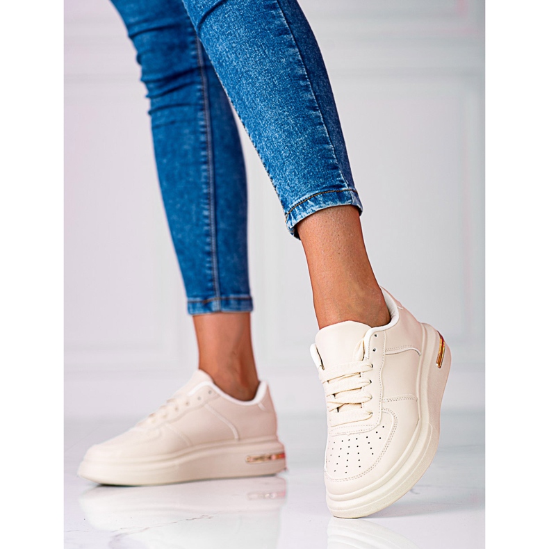 Deportivas Shelovet blancas con cordones de piel ecológica, beige 1