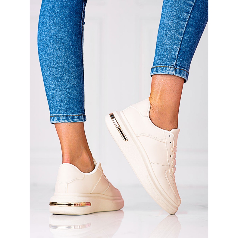 Deportivas Shelovet blancas con cordones de piel ecológica, beige 2